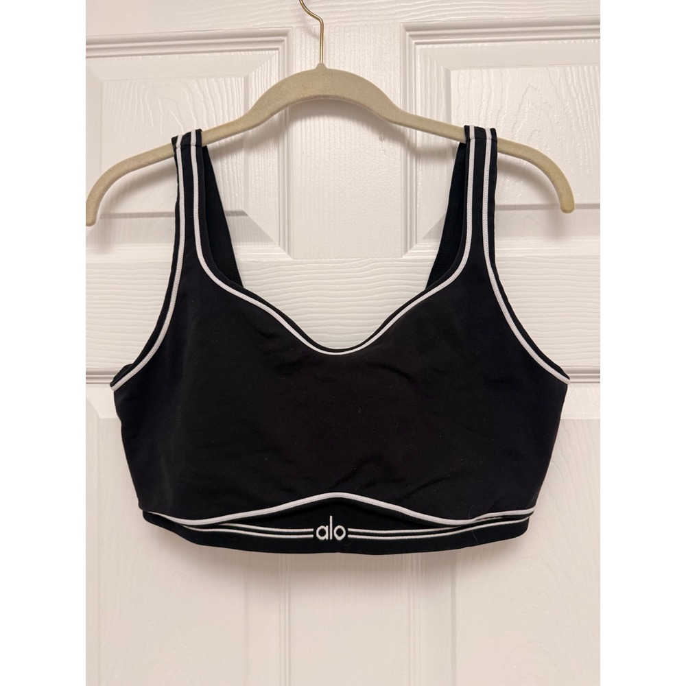 Alo Yoga Airbrush Heart Throb Sports Bra Black White Piping Large